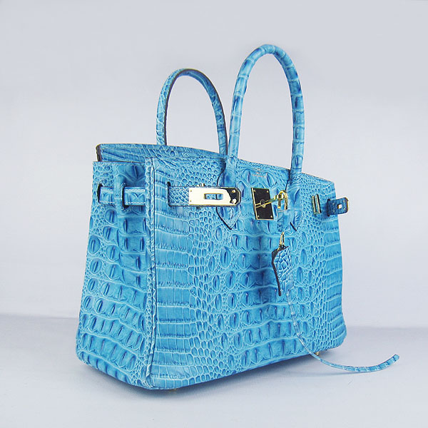 Replica Hermes Birkin 30CM Crocodile Head Veins Bag Light Blue 6088 On Sale